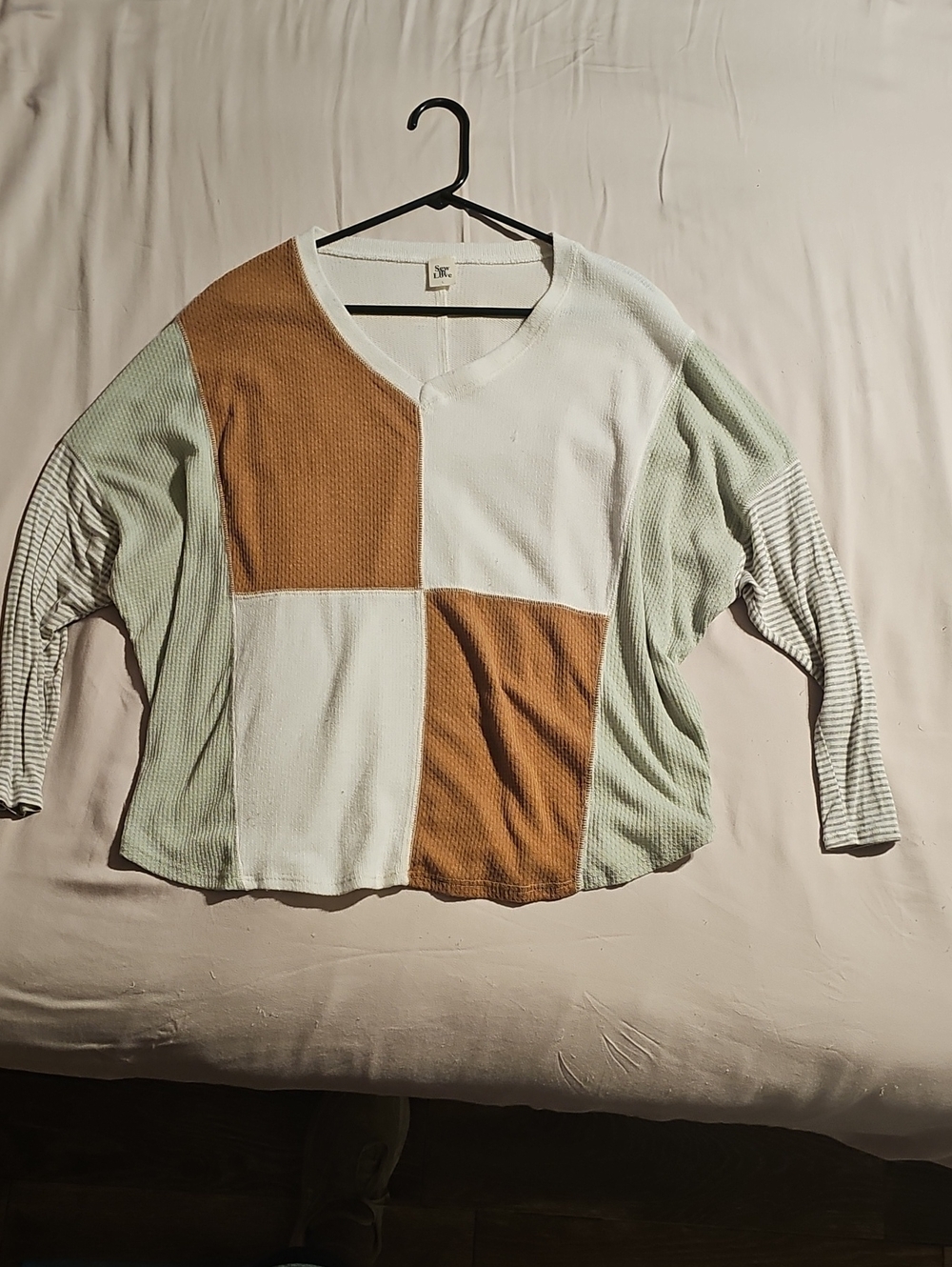 Sew In Love Colorblock V-Neck Sweater in White, Tan & Sage